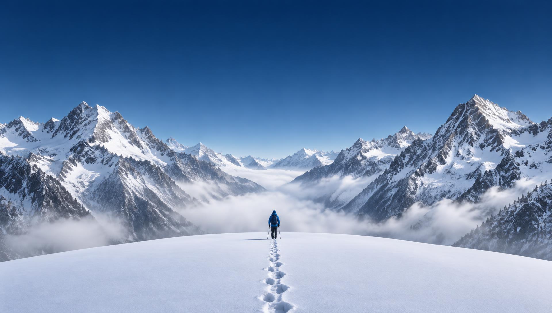 Snow-covered Alpine peaks framing a lone hiker on a snowfield